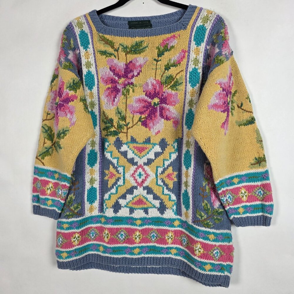 Vintage Cullinane Hand Knit Southwestern Cottagecore Floral Womens Large Sweater